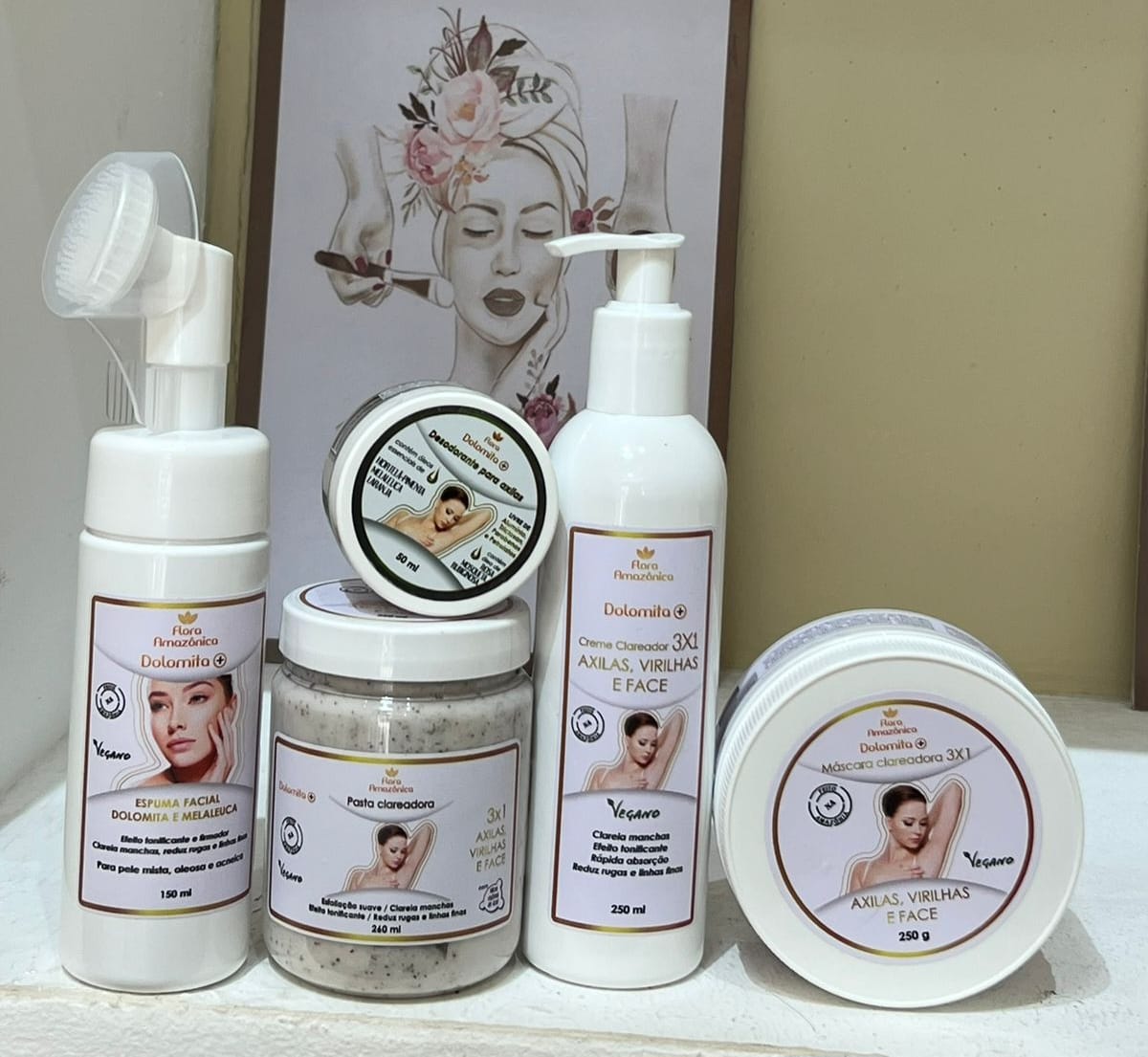 Combo Dolomita e Melaleuca - Espuma Facial - Pasta Clareadora - Máscara Clareadora- Desodorante - Creme Clareador -